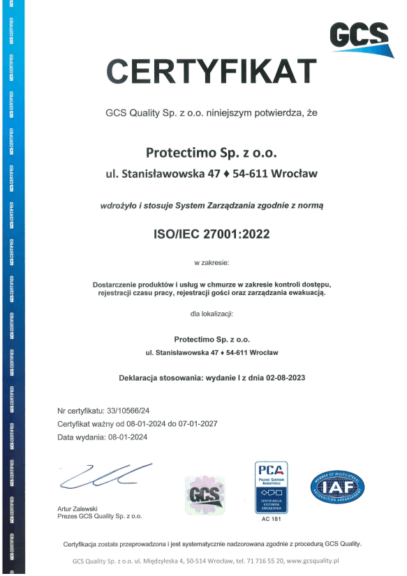Firma Protectimo Sp. z o.o uzsykała ceryfikat ISO 27001